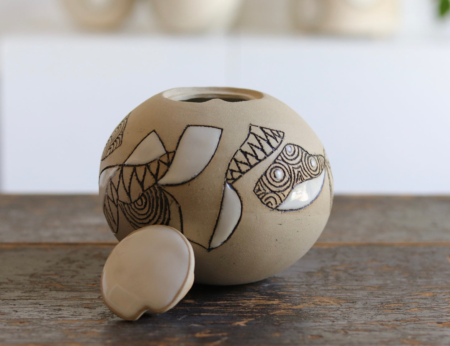 Urn - Abstract Design - White Stoneware w Glazed Lid