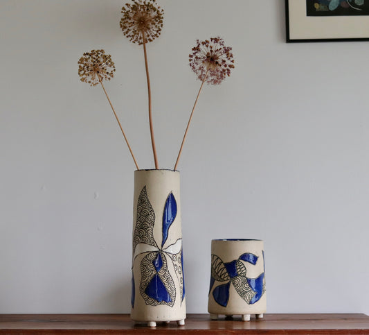 Vase - Abstract - White w Blue Accents - Tall