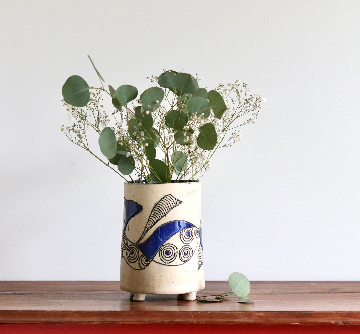 Vase - Abstract - White w Blue Accents - Short