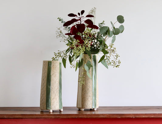 Vase - Scale - White with Green Accents - Short