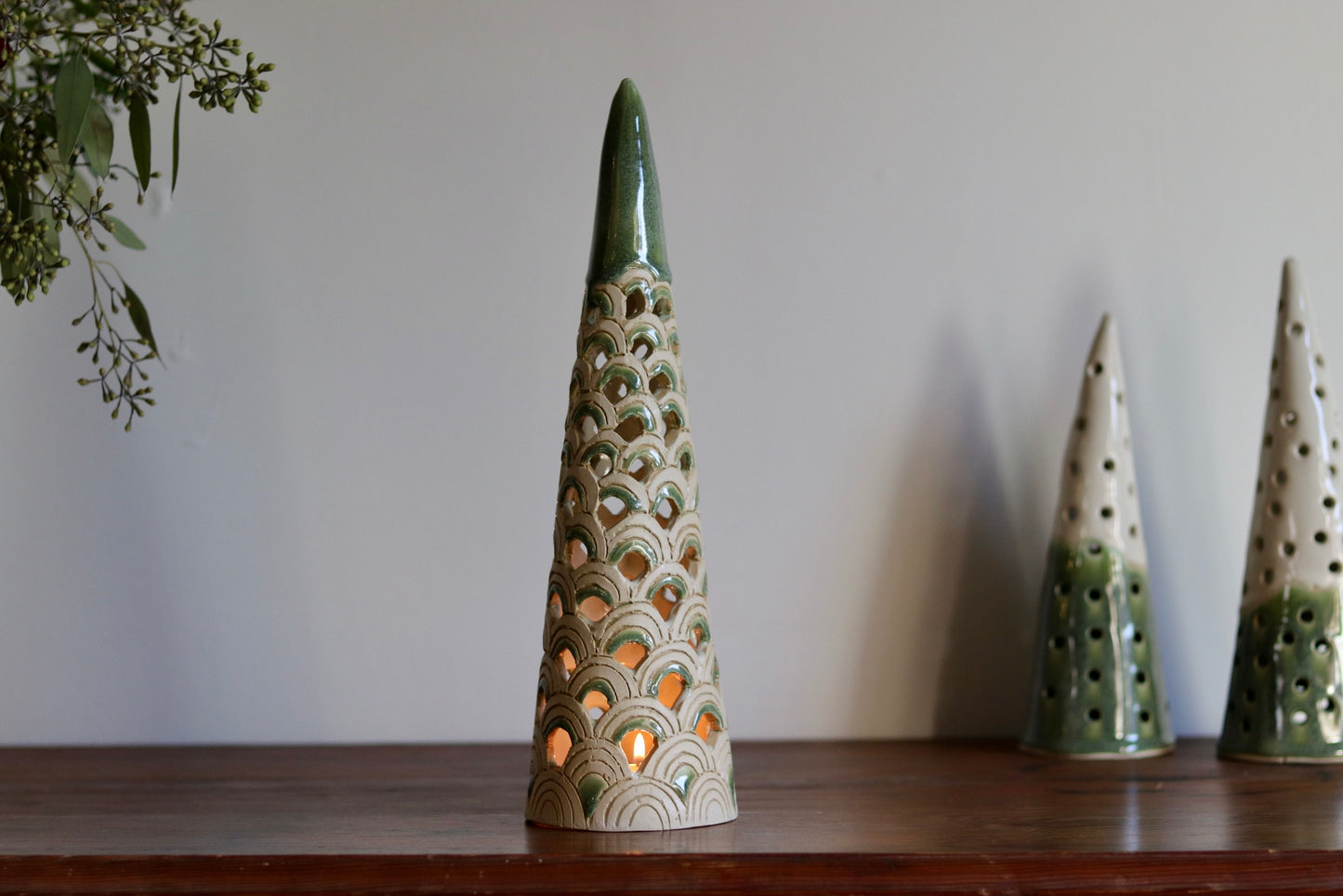 Lantern Tree - Scale design with green glaze accents