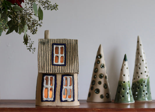 Lantern House - Tan with blue windows