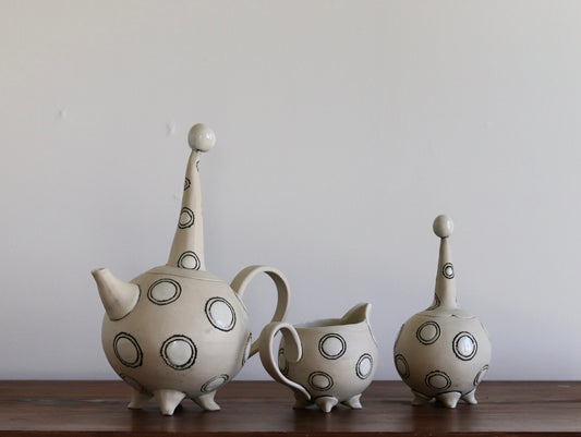 Teapot with Creamer and Sugar Bowl - White with White Circles