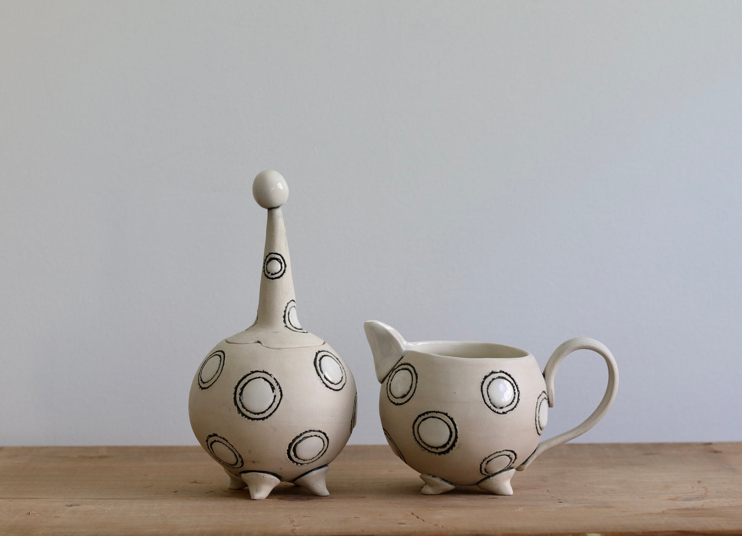 Teapot with Creamer and Sugar Bowl - White with White Circles