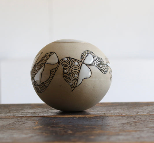 Urn - Abstract Design - White Stoneware w Glazed Lid