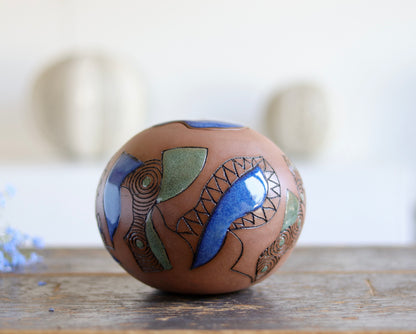 Urn - Abstract Design - Dark Stonware w Glazed Lid