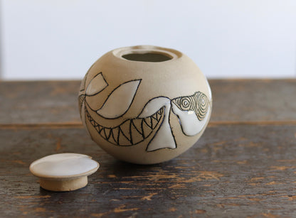 Urn - Abstract Design - White Stoneware w Glazed Lid