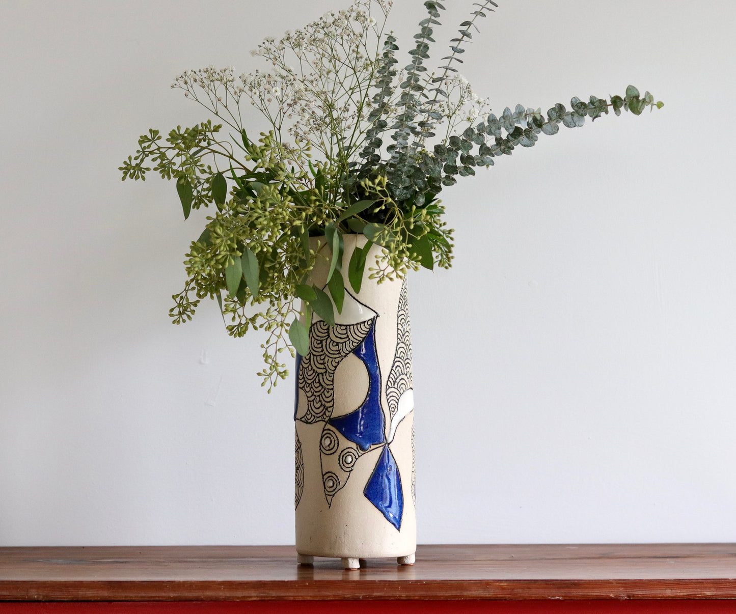 Vase - Abstract - White w Blue Accents - Tall