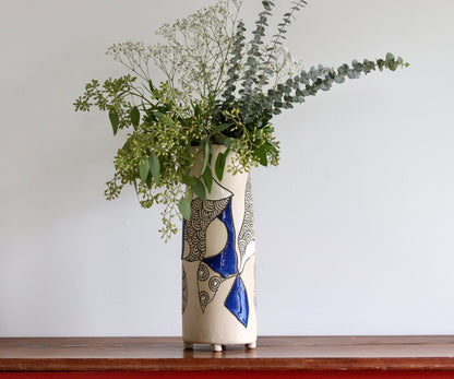 Vase - Abstract - White w Blue Accents - Tall