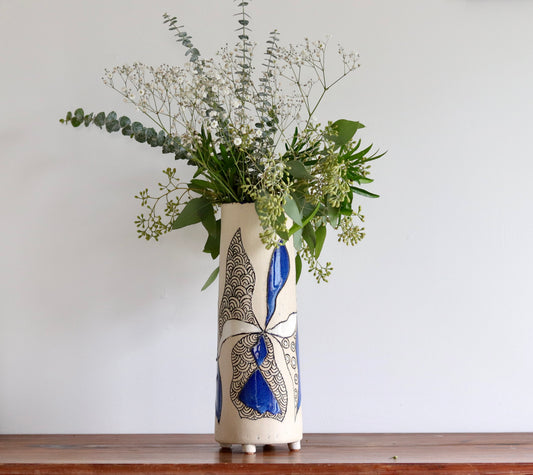 Vase - Abstract - White w Blue Accents - Tall