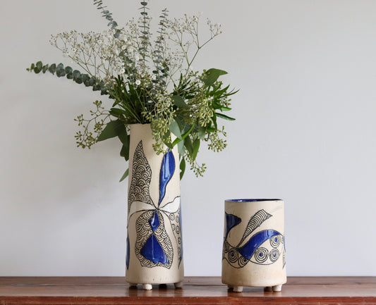 Vase - Abstract - White w Blue Accents - Short