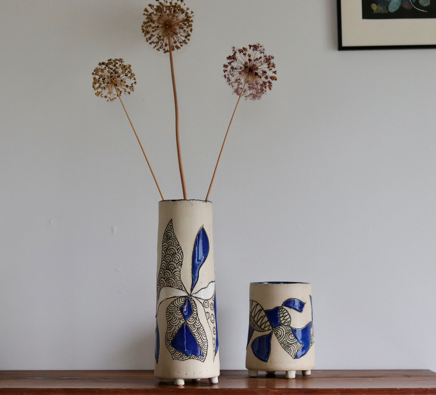 Vase - Abstract - White w Blue Accents - Tall