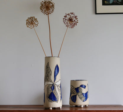 Vase - Abstract - White w Blue Accents - Tall