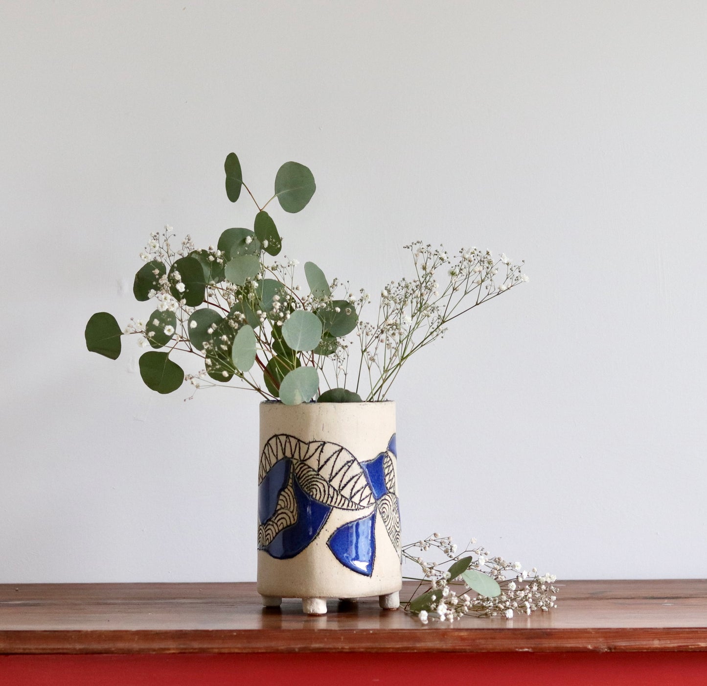 Vase - Abstract - White w Blue Accents - Short