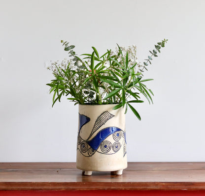 Vase - Abstract - White w Blue Accents - Short