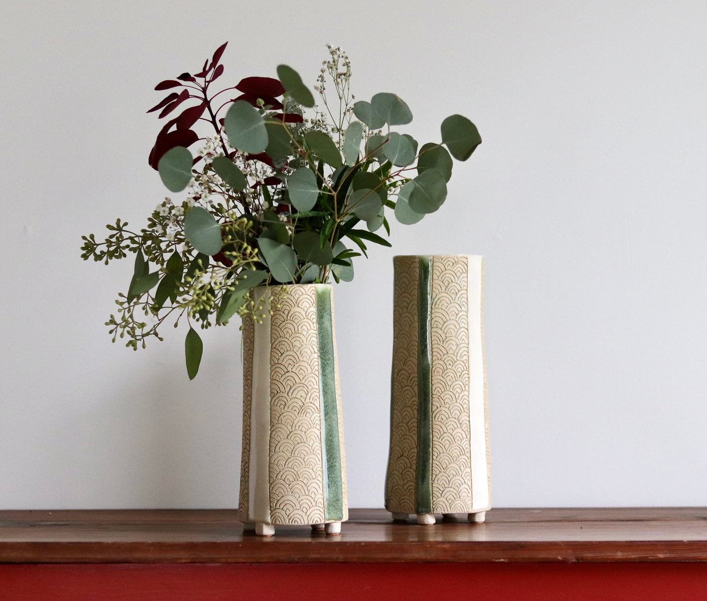 Vase - Scale - White with Green Accents - Short