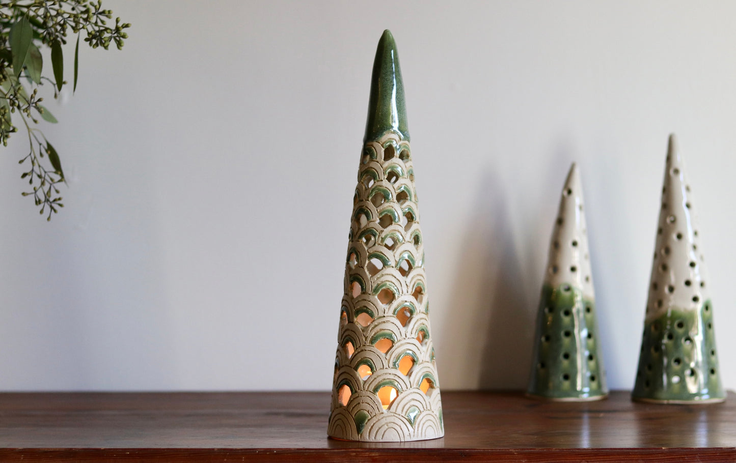 Lantern Tree - Scale design with green glaze accents