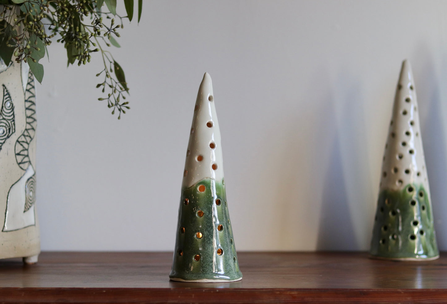 Lantern Tree - with green glaze and white top