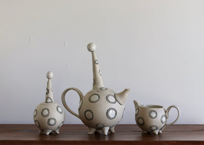 Teapot with Creamer and Sugar Bowl - White with White Circles