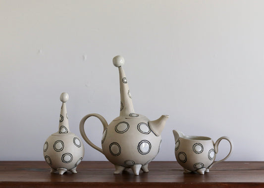 Teapot with Creamer and Sugar Bowl - White with White Circles