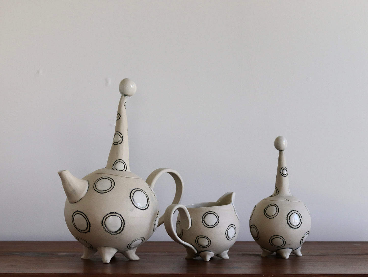 Teapot with Creamer and Sugar Bowl - White with White Circles