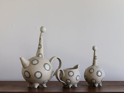 Teapot with Creamer and Sugar Bowl - White with White Circles