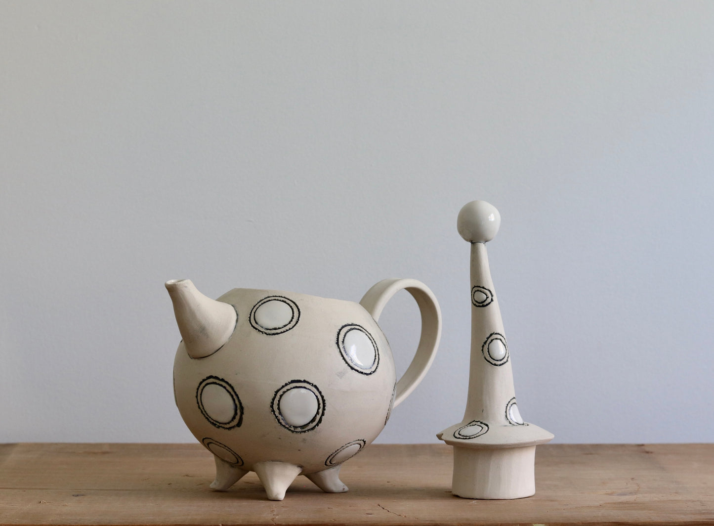 Teapot with Creamer and Sugar Bowl - White with White Circles