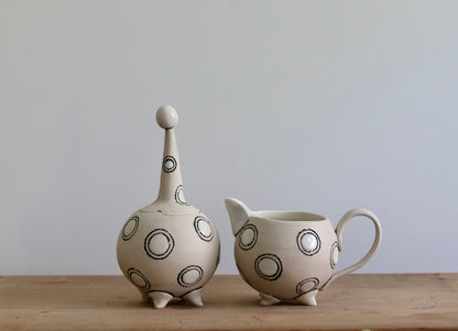 Teapot with Creamer and Sugar Bowl - White with White Circles