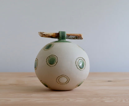 Urn - White w Green Circles & Stick Lid