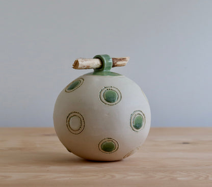 Urn - White w Green Circles & Stick Lid