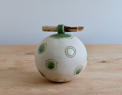 Urn - White w Green Circles & Stick Lid