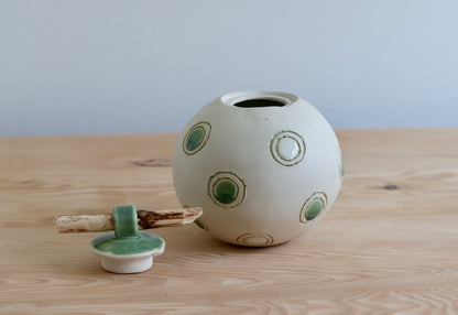 Urn - White w Green Circles & Stick Lid