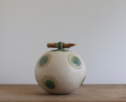Urn - White w Green Circles & Stick Lid