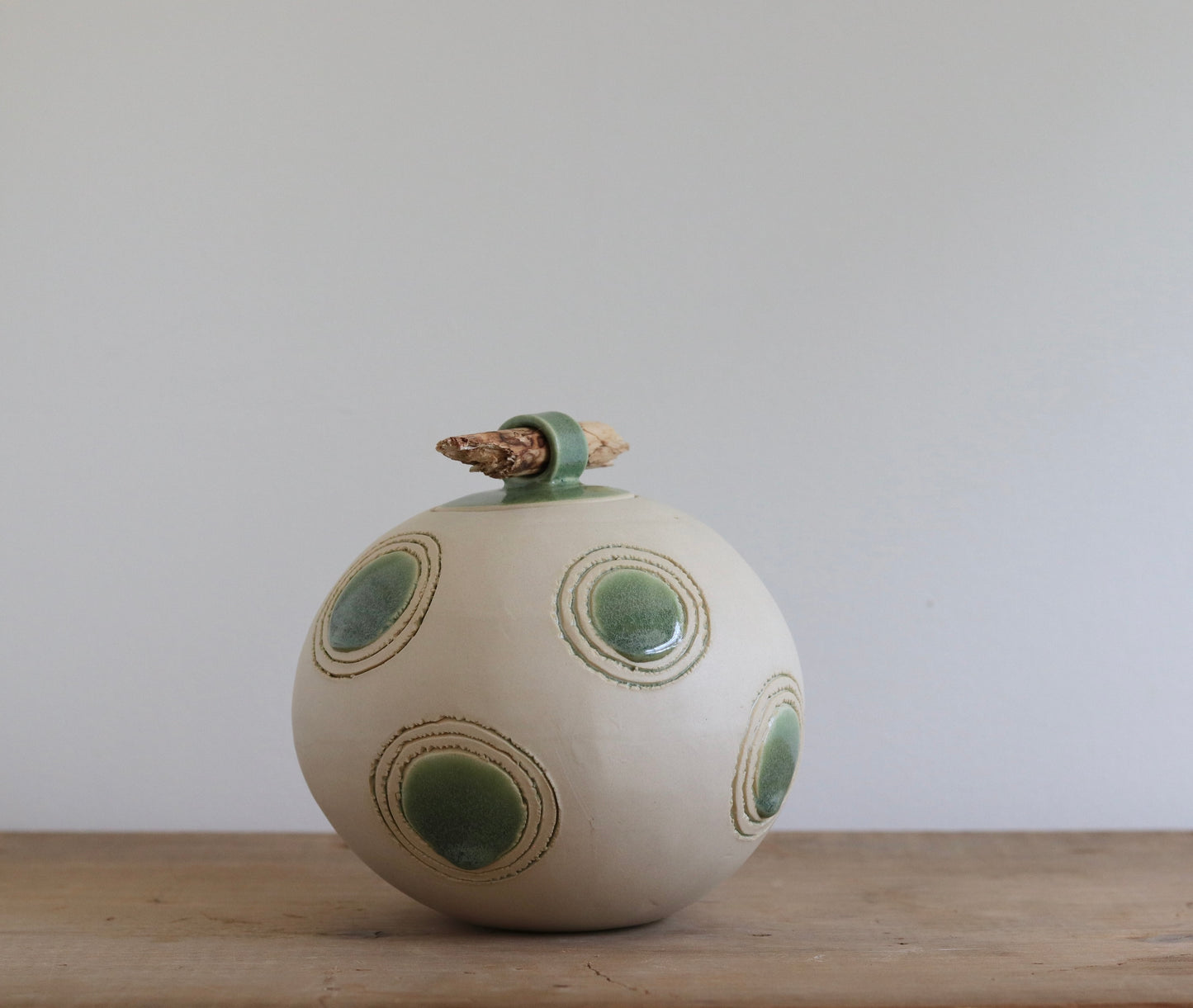 Urn - White w Green Circles & Stick Lid