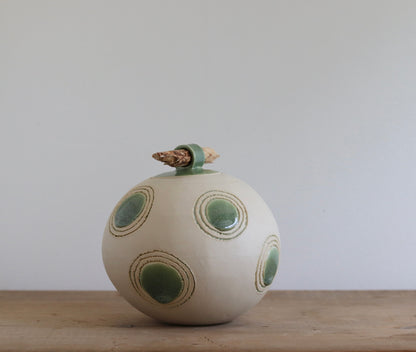 Urn - White w Green Circles & Stick Lid