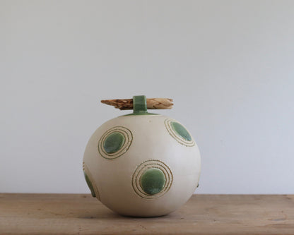 Urn - White w Green Circles & Stick Lid