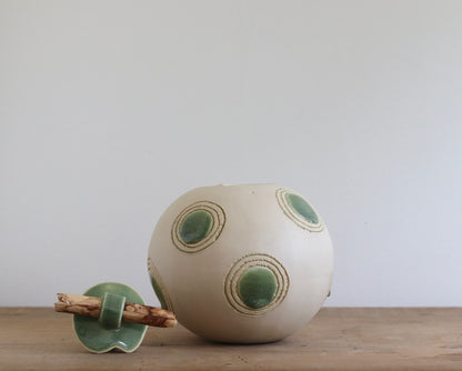Urn - White w Green Circles & Stick Lid