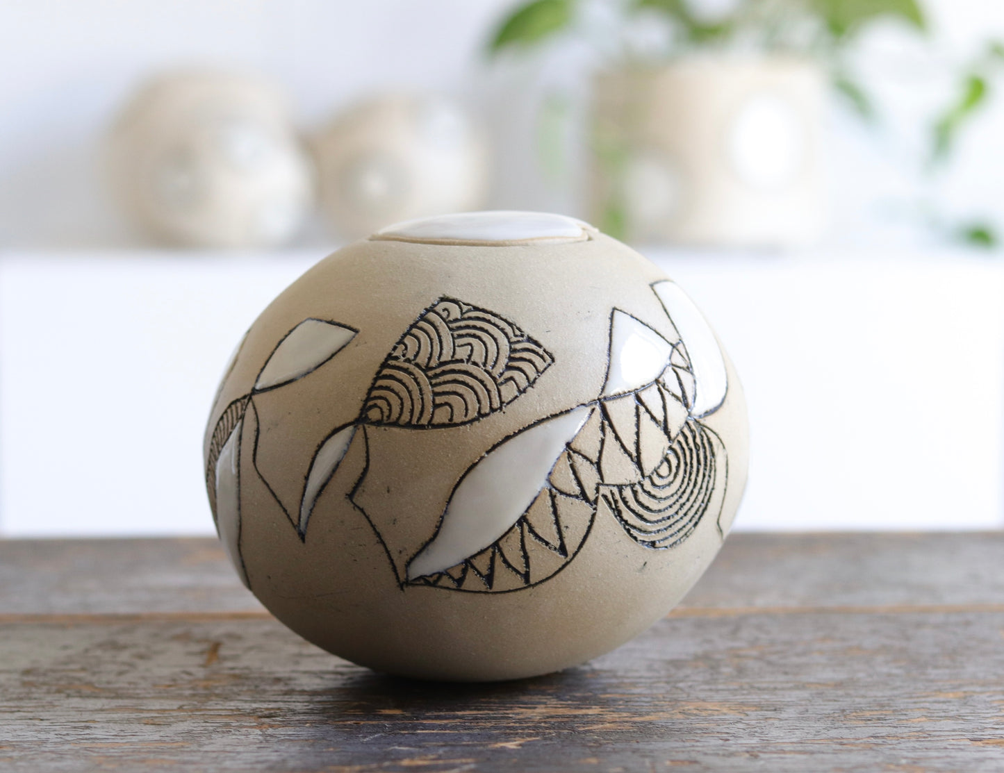 Urn - Abstract Design - White Stoneware w Glazed Lid