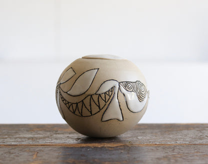 Urn - Abstract Design - White Stoneware w Glazed Lid