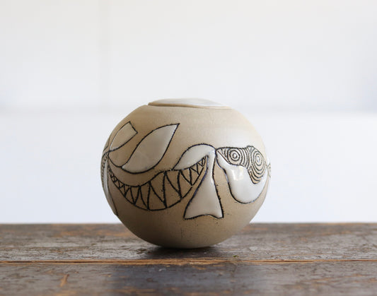 Urn - Abstract Design - White Stoneware w Glazed Lid