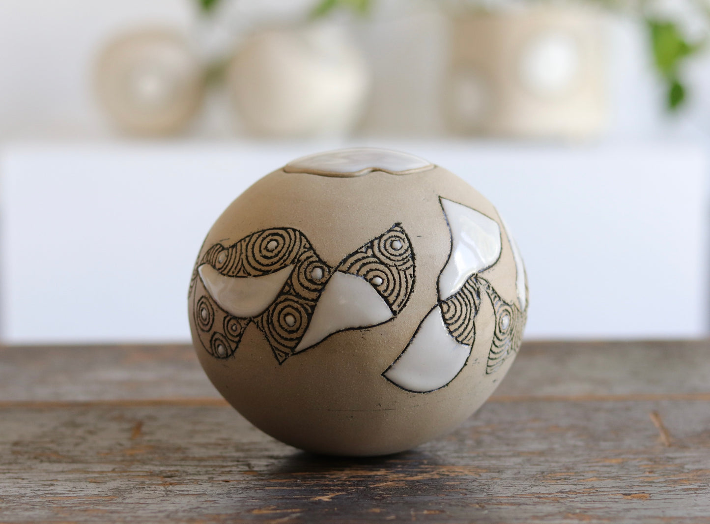 Urn - Abstract Design - White Stoneware w Glazed Lid