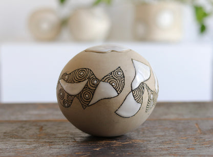 Urn - Abstract Design - White Stoneware w Glazed Lid