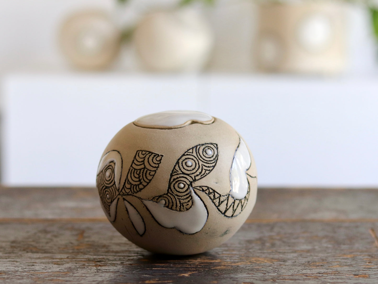 Urn - Abstract Design - White Stoneware w Glazed Lid