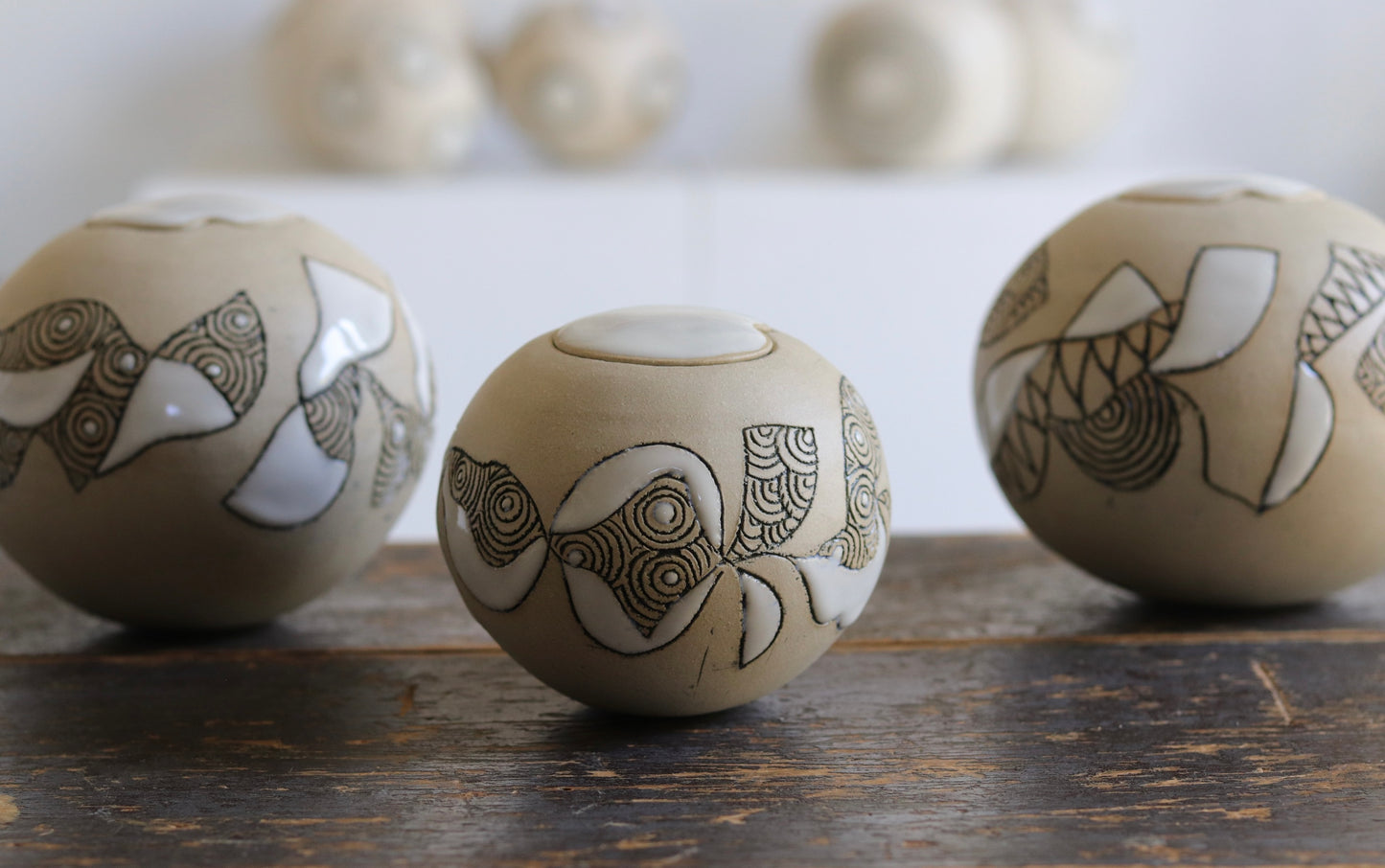 Urn - Abstract Design - White Stoneware w Glazed Lid