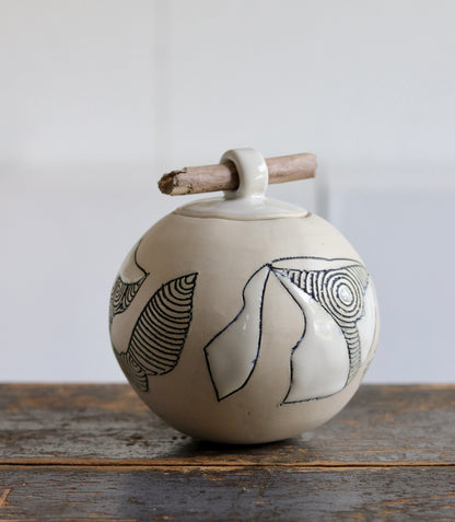 Urn - White Abstract w Stick Lid