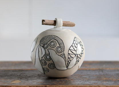 Urn - White Abstract w Stick Lid